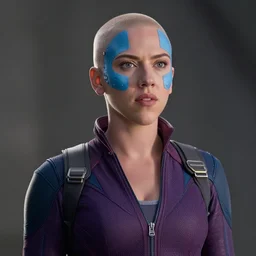 film still of Scarlett Johansson as Nebula in Guardians of the galaxy, bald, blue, prosthetics on face