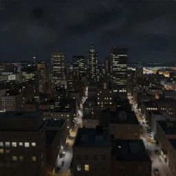 muted color ultra realistic painting of 1 9 2 5 boston downtown at night viewed through distorted glass, aerial view, dark, brooding, night, atmospheric, horror, cosmic, ultra - realistic, smooth, highly detailed in the style of clyde caldwell