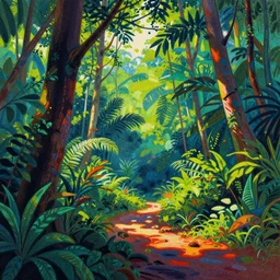 surreal glimpse, malaysia jungle, summer morning, very coherent and colorful high contrast pastel art by gediminas pranckevicius james gilleard james gurney floralpunk screen printing woodblock, dark shadows, hard lighting, stippling dots, art nouveau