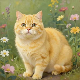 vintage beautiful painting of a fat yellow cat in a flower garden in mary cassatt style