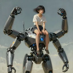 An epic fantastic realism graphic novel cover style painting of a beautiful girl, riding on the shoulders, of a robot with four arms, robotics, short pigtails hair,  cyberpunk, Concept world Art, ultrarealistic, hyperrealistic,  dynamic lighting by Hajime Sorayama