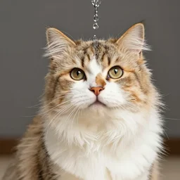 Close up portrait of a big fluffy cat mixed with a shiba inu, award winning photograph, 50 mm lens and f/12.0, fast shutter speed of water floating in the air