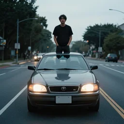 a photograph of a car at an intersection with a person standing in its headlights by Gregory Crewdson