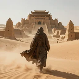 mysterious figure in striking cloak walking through sandstorm in desolate desert, buried city, global illumination, hyper-realistic, insanely detailed and intricate, cinematic 8k
