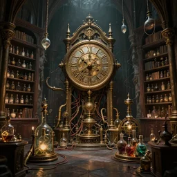 An intricate scene of an interior of a gothic castle with a lot of magic bottles and mechanisms of an alchemist, other bookshelves with bottles and alchemy stuff in the background::huge mechanical clocks in the center of composition with a lot of pipes and wires::dark fantasy, detailed concept art, artstation, high details::8K, 4K, sharp focus, octane render