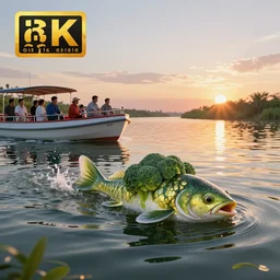 people on a boat tour on the river seeing a broccoli fish in the water, sunset scene, fantasy style, 4 k, octan render, ultrarealistic