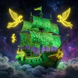 ANGELS ON EARTH, angels coming down to earth to save life from corruption and evil, green pirate ship with yellow neon angels, cosmic nebula clouds