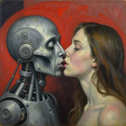 Oil painting by Max Ernst. Strange mechanical beings kissing. Close-up portrait by Lisa Yuskavage. Paul Klee.