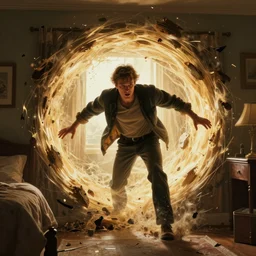 an intricate concept art of a a man getting sucked into a portal in his bedroom, action film color palette, artstation, deviantart, octane render, cinematic, inception concept, christopher nolan film style
