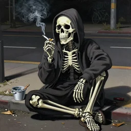 A skeleton in a hoodie sitting on the street smoking a cigarette at night, painted with a palette knife
