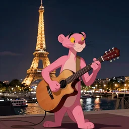 django reinhardt playing guitar, background paris at night, in the style of the pink panther show cartoon, 4 k