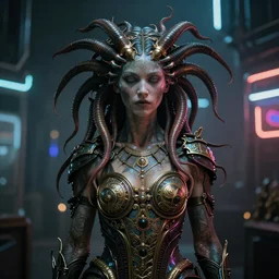 Cyberpunk medusa, dark atmosphere, cinematic shot, intricate, ornate, photorealistic, ultra detailed, realistic, 35mm, photography, neon, octane, high definition, depth of field, bokeh, 8k, artstation, (alphonse mucha), (hr giger)