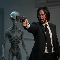 A still image of John Wick pointing a gun at a spooky grey alien in an action scene from the upcoming movie 'John Wick 5: Wick Into the Unknown'(2022)