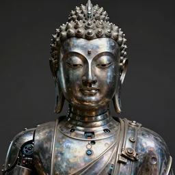 a close - up portrait of a symmetrical cyberpunk cybernetic metal buddhist monk statue. art photography by annie leibovitz