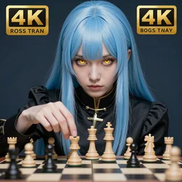 rimuru tempest playing chess, with amber eyes of golden colored eyes, straight hair, sky blue hair, long bangs, high collar, concept art, award winning photography, digital painting, cinematic, wlop, 8 k, by ross tran, tom bagshaw, andy warhol