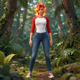 nagatoro using white and red tight raglan sleeves, tight blue jeans and cool shoes in a tropical forest, epic fire ombre hair, artstation, 3 d ray tracing, lumen octane render flawless masterpiece