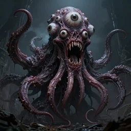 shoggoth, eldritch horror, tentacles, gaping maw, multiple eyeballs, ultra detailed 8k render, horror art