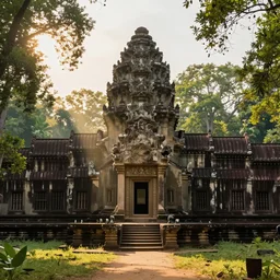 angkor wat style temple in a clearing in the lush jungle, volumetric god rays, golden hour, pixar, james jean, breath of the wild, cinematic, moebius