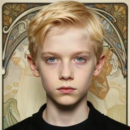 portrait of 1 5 - year - old boy, a tall, slender boy with a pale, pointed face, sleek blond hair, and ice grey eyes, wearing black clothes, hyper realistic face, beautiful eyes, close up, fantasy art, in the style of greg rutkowski, intricate, alphonse mucha, hyper detailed, smooth