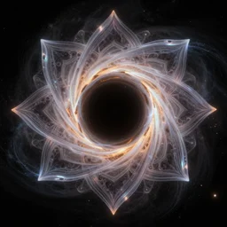 realistic photo of a black hole in space, mandala art, volumetric, particles, physical, translucence, cinematic lighting, iridescence