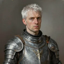 portrait painting of a sarcastic man with short white hair wearing a grey pelt gambeson, late 3 0 s. sharp focus, award - winning, trending on artstation, masterpiece, highly detailed, intricate. art by seb mckinnon