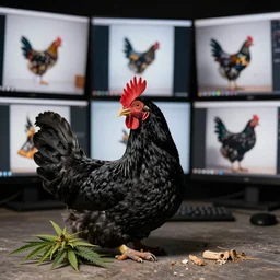 black chicken smoking cannabis in front of multi monitors broadcasting studio artwork by James Gilleard