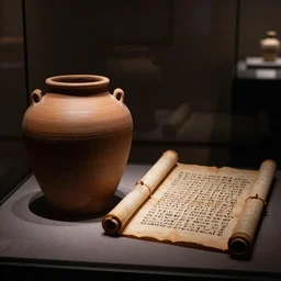 a photo of a museum display showing a cylindrical clay jar, lying beside it is a dead sea scroll with nabeatean writing, dark, brooding, atmospheric, volume lighting