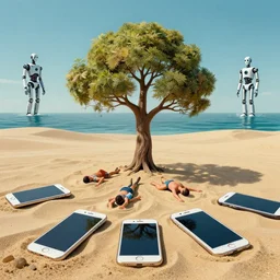 smartphones melting into the sand, the new tree symbolising a new beginning growing, humans falling into the ground, a robot intelligence rising from the ocean, in the style of salvador dali.