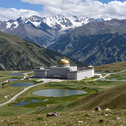 photograph of a massive building in a high mountain landscape with small lakes, green prairies and snowy mountains,