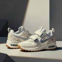 retro futuristic Nike air trainer sneakers with straps by syd mead, grainy matte painting, geometric shapes