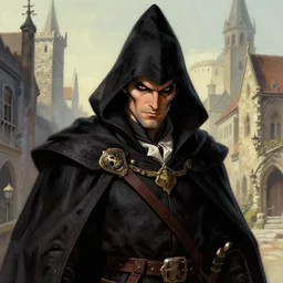 portrait of a sly rogue, illustration by larry elmore, michael wellen, in a medieval city