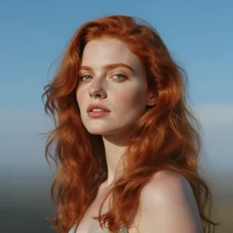 a hyper realistic portrait of a beautiful woman with red hair, blue skies background, fog, vibrant colors. by rebecca guay
