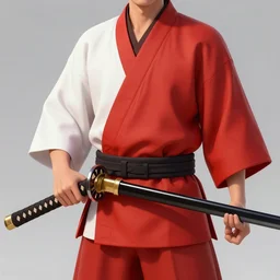 man in red and white cloth holding a shing katana