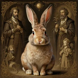low angle shot of a sad rabbit by guillermo del toro, intricate, elegant, highly detailed, centered, digital painting, artstation, concept art, smooth, sharp focus, illustration, artgerm, Tomasz Alen Kopera, Peter Mohrbacher donato giancola, Joseph Christian Leyendecker, WLOP, Boris Vallejo