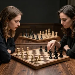 two women playing chess. highly detailed. 8k. wide shot. photography