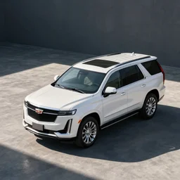 A high angle shot of a white SUV based on a Cadillac Escalade and Chevrolet Tahoe