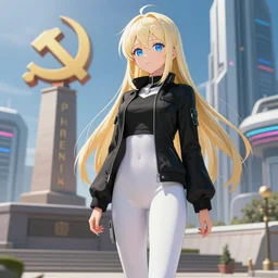 platinum - blonde - haired long bob cut blue - eyed princess wearing white leggings and black jacket, standing next to communist monument, futuristic city, anime, hd anime wallpaper, hyperrealistic lighting, octane render, volumetric lighting, drawn by artgerm