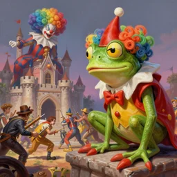 The Clown Frog King looks down from the clown castle at a furious battle below, king pepe with rainbow wig, painting by Frank Frazetta, 3D render by Beeple
