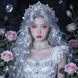 Alice in Wonderland,a portrait of a beautiful Silver hair girl,Diamonds Blaze,Rose twining,luxuriant,dreamy, eternity, romantic,highly detailed,in the style of Franz Xaver Winterhalter, highly detailed,night lighting