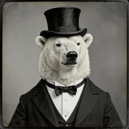 a polar bear dressed with a tuxedo and a top hat, with a smirk and snobby disapproving look. extremely detailed. beautiful. 4 k. award - winning. daguerrotype. old. antique