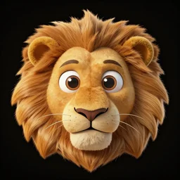 lion head with huge cartoon eyes, on a black background, full shot