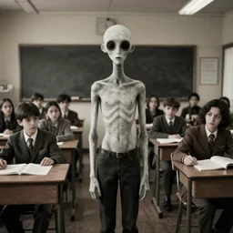 vintage photo of slenderman together with a group of students preparing for a class photograph, eerie, bizarre, highly detailed shot, dramatic 8 k uhd