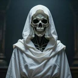 Death wearing a hooded white robe, Nuttavut Baiphowongse, Mark Armstron, horror, amad, artstation rendered by octane, 8k, ultra 8k, hyper realistic, photorealistic, photo, cinematic lighting, ambient lighting from top