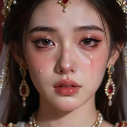 ilyana vyulnika as a young princess in the dark, crying eyes, tears, leaked mascara, lipgloss, portrait, closeup, cute freckles, gloss effects, and exaggerated proportions, intricate jewelry, after rain, digital art by julia razumova and mel milton, trending on artstation, 4 k high quality