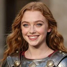 Sadie Sink, sparkling eyes, stars in her eyes, shining eyes, grinning, elegant, enticing, sharp features, big flowing hair, traditional roman armor, highly detailed, digital painting, artstation, concept art, smooth, sharp focus, beautiful face, expressive eyes, illustration, art by Artgerm and greg rutkowski and alphonse mucha