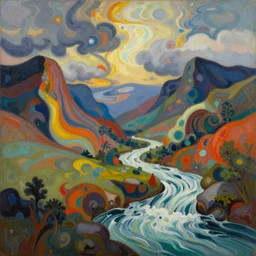 A wild modernist landscape painting. Wild energy patterns rippling in all directions. Curves, organic. Saturated color. Mountains. Clouds. Rushing water.