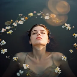 An analog portrait photography from above of a woman looking up floating in water and surrounded with flowers by Maxim Nikolaev. Kodak Portra 800 film. shallow depth of field. (Depth of field). whirl bokeh!!. Golden hour. detailed. hq. realistic. warm light. muted colors. dark Mood. Filmic. Dreamy. lens flare. Mamiya 7ii, f/1.2, symmetrical balance, in-frame