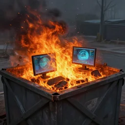 dalle 2 computer burning on fire in dumpster digitial painting hyper detailed unreal artstation