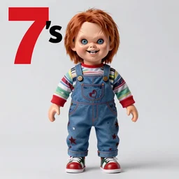 screaming chucky doll inspired fashion. centerfold fashion magazine. 7 0's. whole body picture