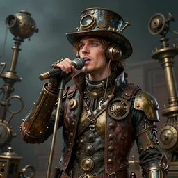 portrait of herman brood singing saterdaynight, steampunk art, fantasy style, super high detail, super high quality, talented artist, trending on artstation, machinarium